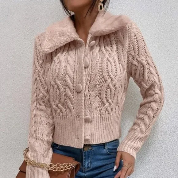 PINK TEDDY COLLAR BUTTON DOWN CABLE KNIT CARDIGAN - Picture 6 of 6